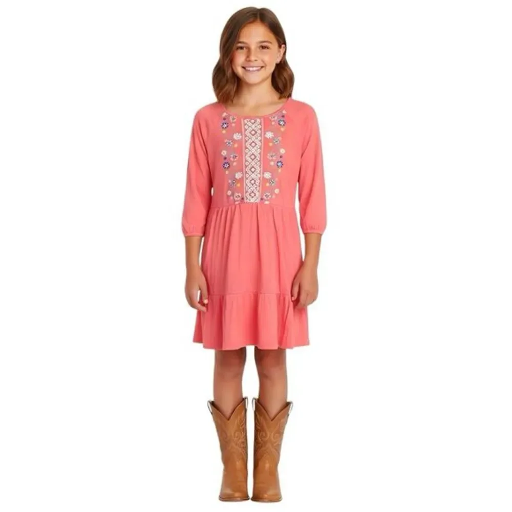 Old Navy Dress Girls Sz Large Sz 10-12 Flowers Pink Salmon Embroidery Spring